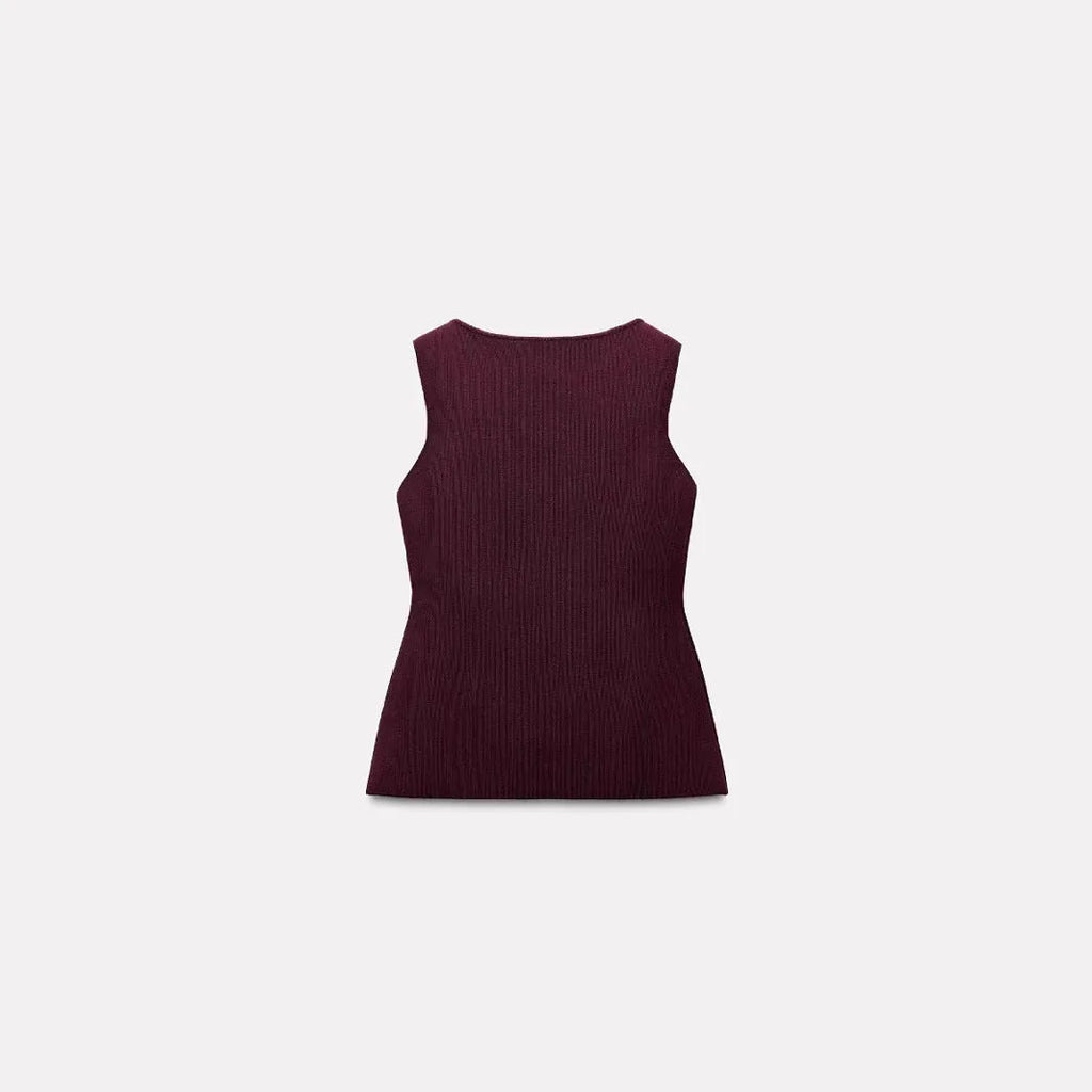 Women's dark red slim-fit sleeveless sweater vest with gold buttons and a 3D pattern on the fabric.