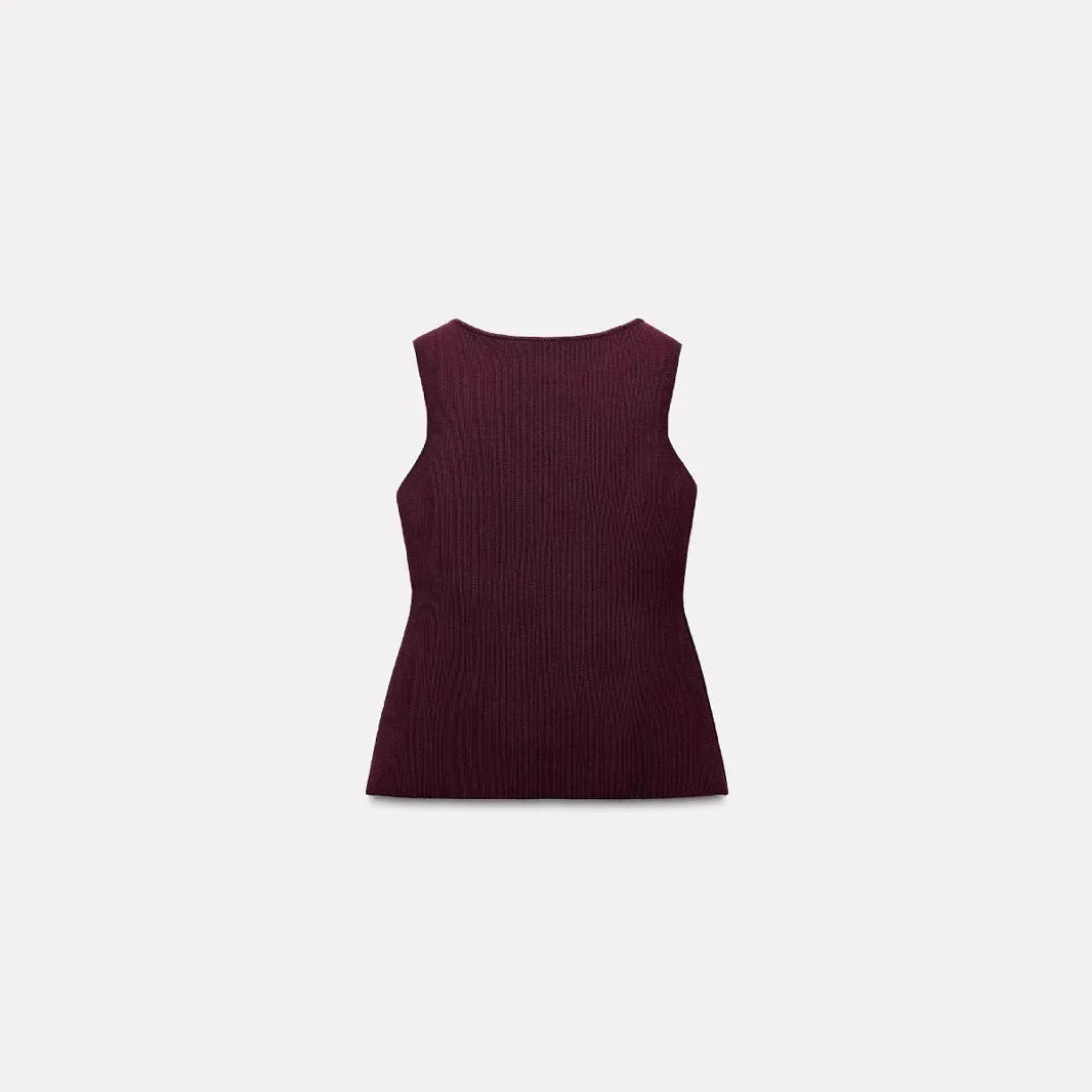 Women's dark red slim-fit sleeveless sweater vest with gold buttons and a 3D pattern on the fabric.