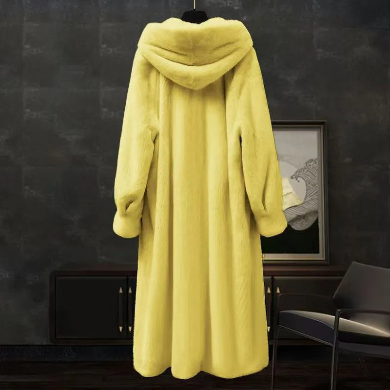 Long plus size brown leopard print faux fur coat for women on a hanger