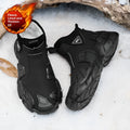 High-top fleece fur-lined slip-on lazy shoes in black with wedge heel and round toe on white background