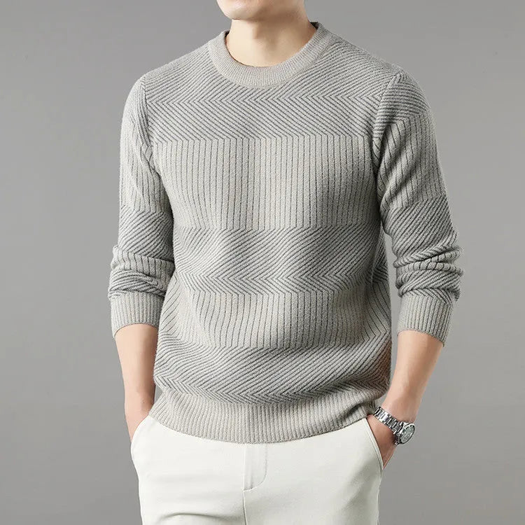 Men's round neck long sleeve chenille base sweater in apricot, straight fit, on a plain background