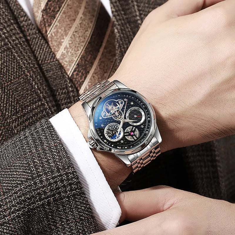 Men's waterproof automatic watch with luminous markers on a steel bracelet and a black dial.
