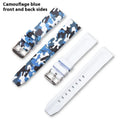 Green camouflage silicone watch strap showing flat head design and buckle.