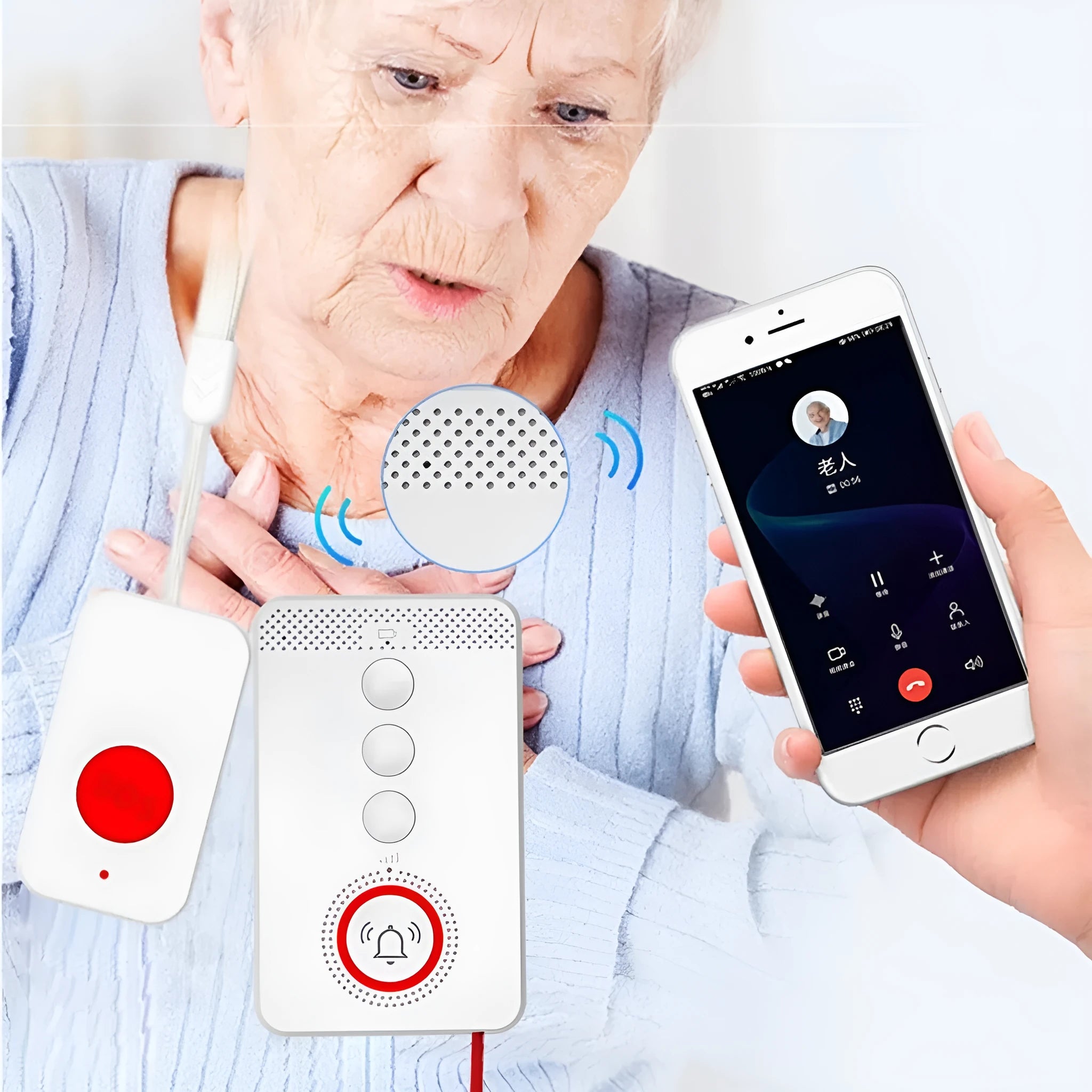 White circular emergency alert buzzer unit with three small emergency button transmitters for elderly safety