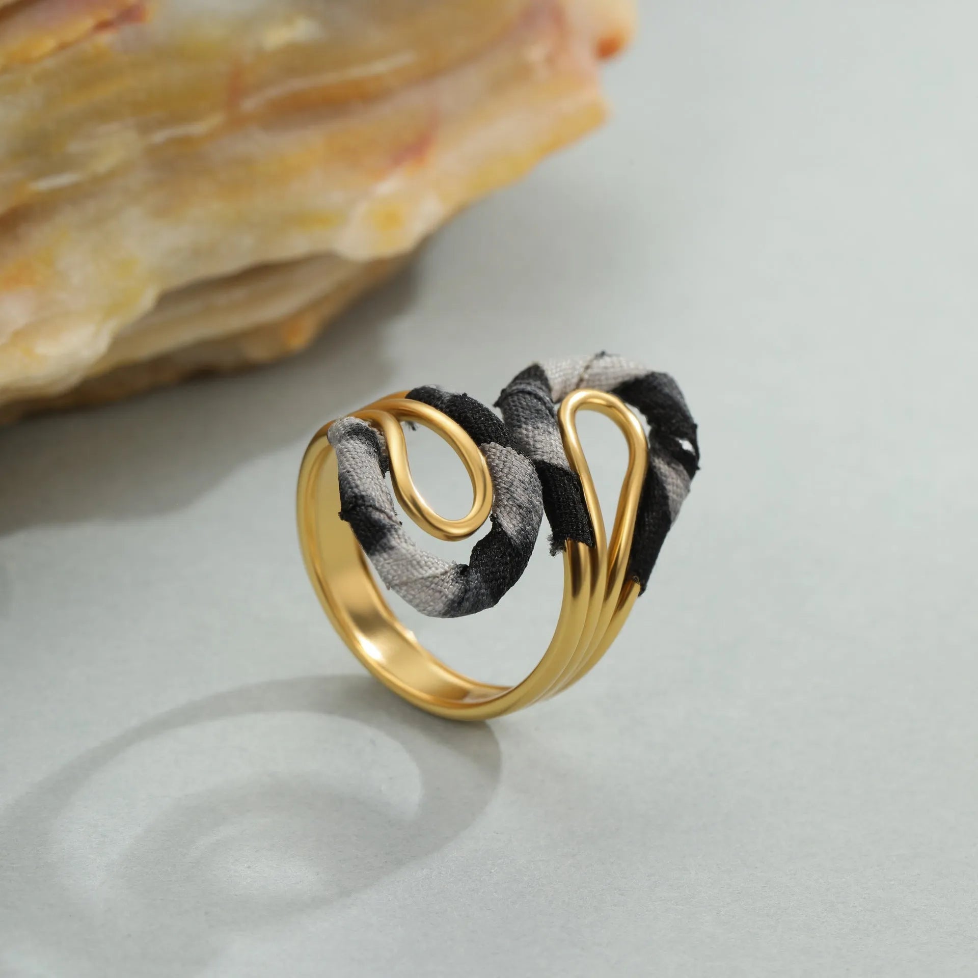 Leopard print stainless steel open ring with asymmetric geometric heart and star shapes