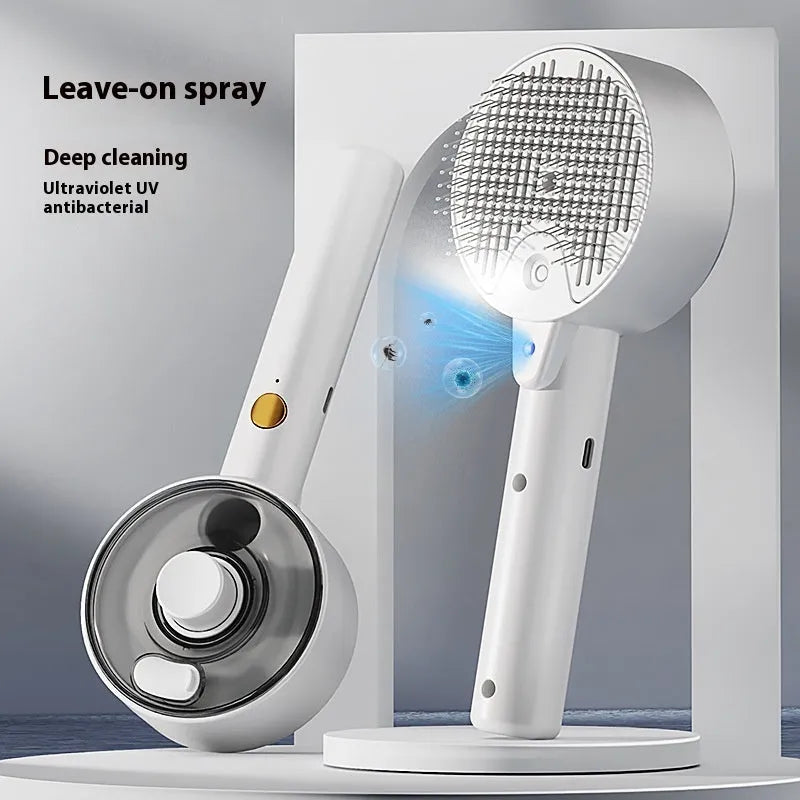 Ceramic white pet grooming brush with UVC light, mist sprayer, and fine needles for dog and cat hair removal