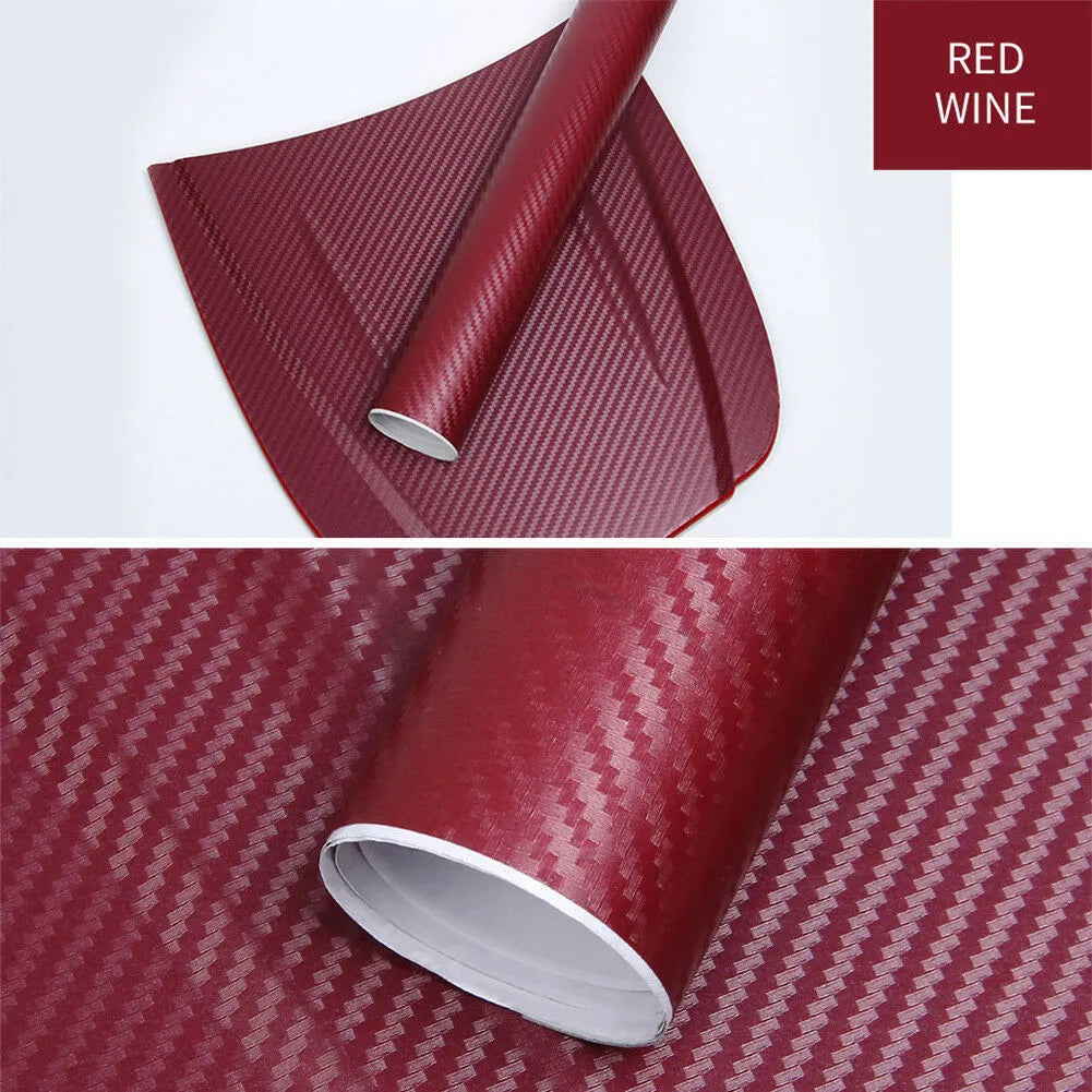 Roll of 3D carbon fibre car stickers showing textured pattern in multiple colour options