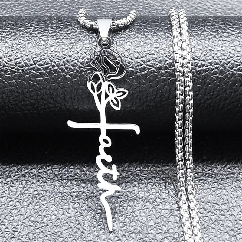 Cross rose necklace 18K gold with 925 silver pendant on stainless steel box chain 60cm length
