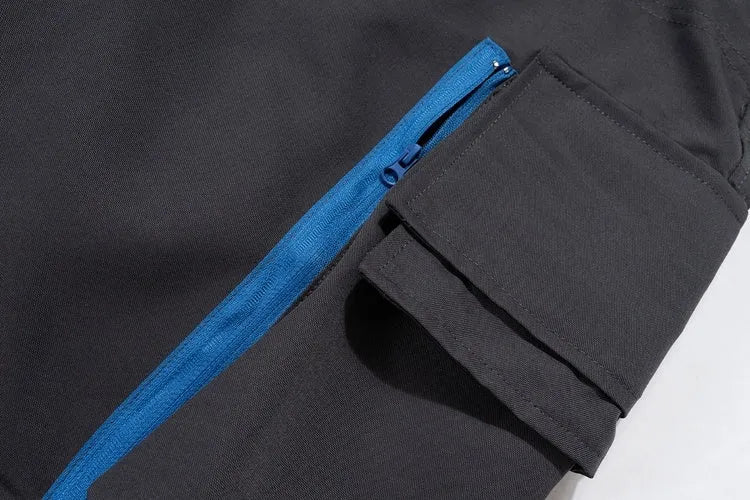 Multi-pocket contrast zip casual baggy pants in Dark Grey cotton, loose fit and mid-waist design