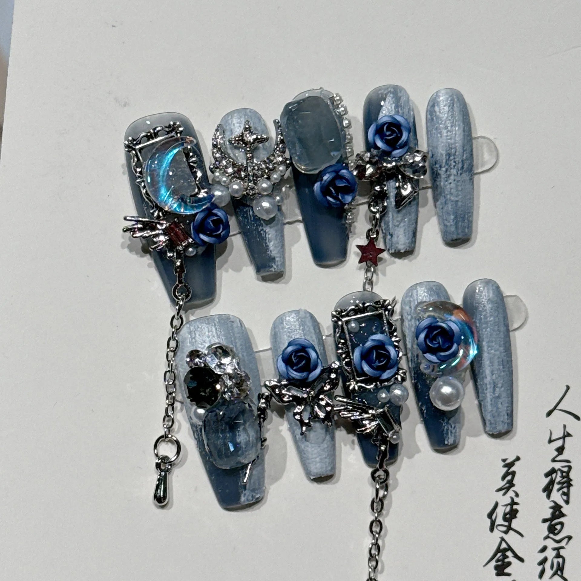 Blue plastic manicure armour suit with ornate rose and tulip floral patterns for evening wear.