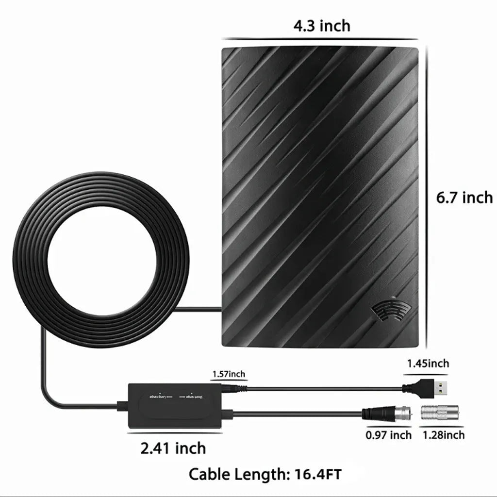 Black indoor digital TV antenna with mounting hardware including screws, adhesive tape and cable ties