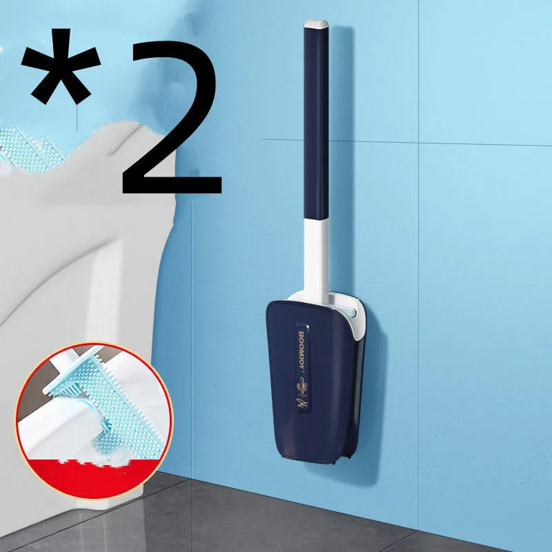 Toilet brush with TPR antibacterial head and wall-mounted bucket in blue, green, and white colours