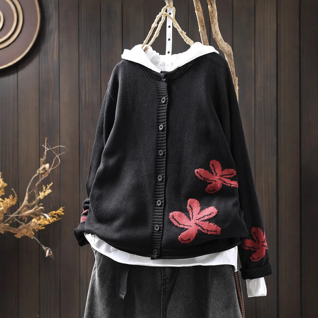 Women's loose retro flower contrasting knit cardigan with button front in khaki, showing long sleeves and floral pattern
