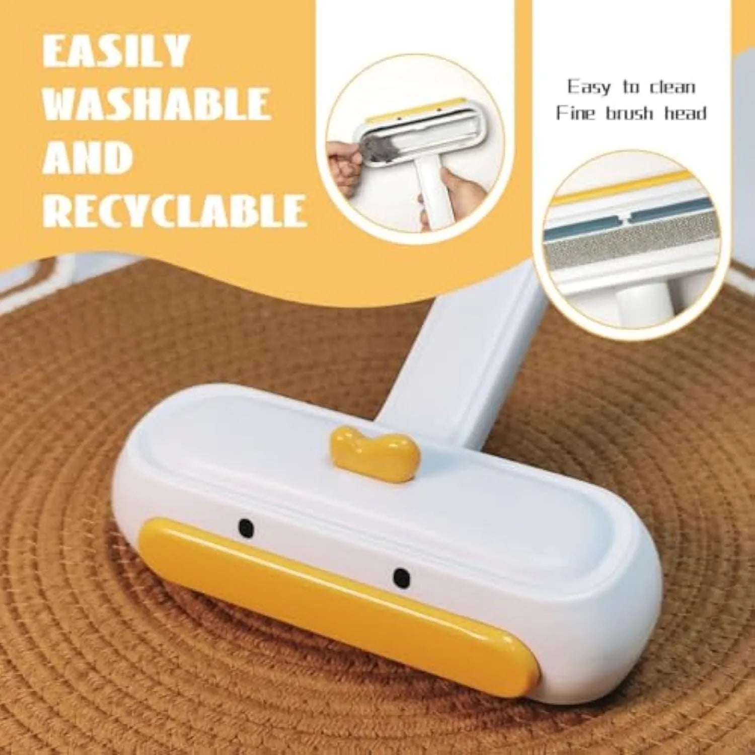 White portable pet hair remover with yellow duck cartoon design for furniture and car seats
