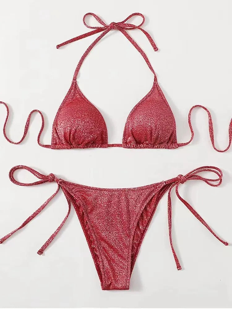 Women's bandage style bikini swimsuit with halter neck top and briefs in polyester fabric