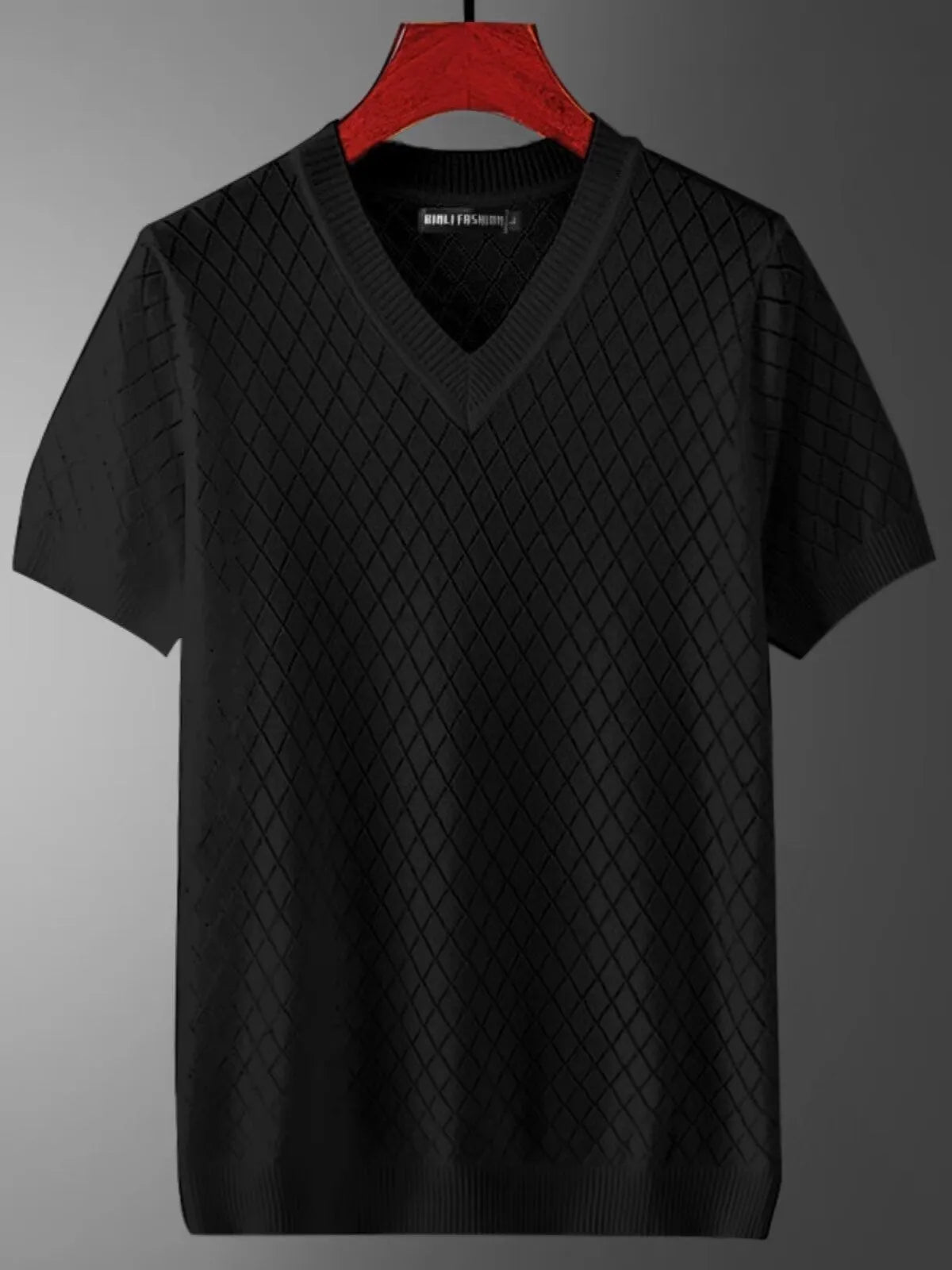 Men's ice silk Korean style short sleeve T-shirt available in white or black with V-neck or round neck options.