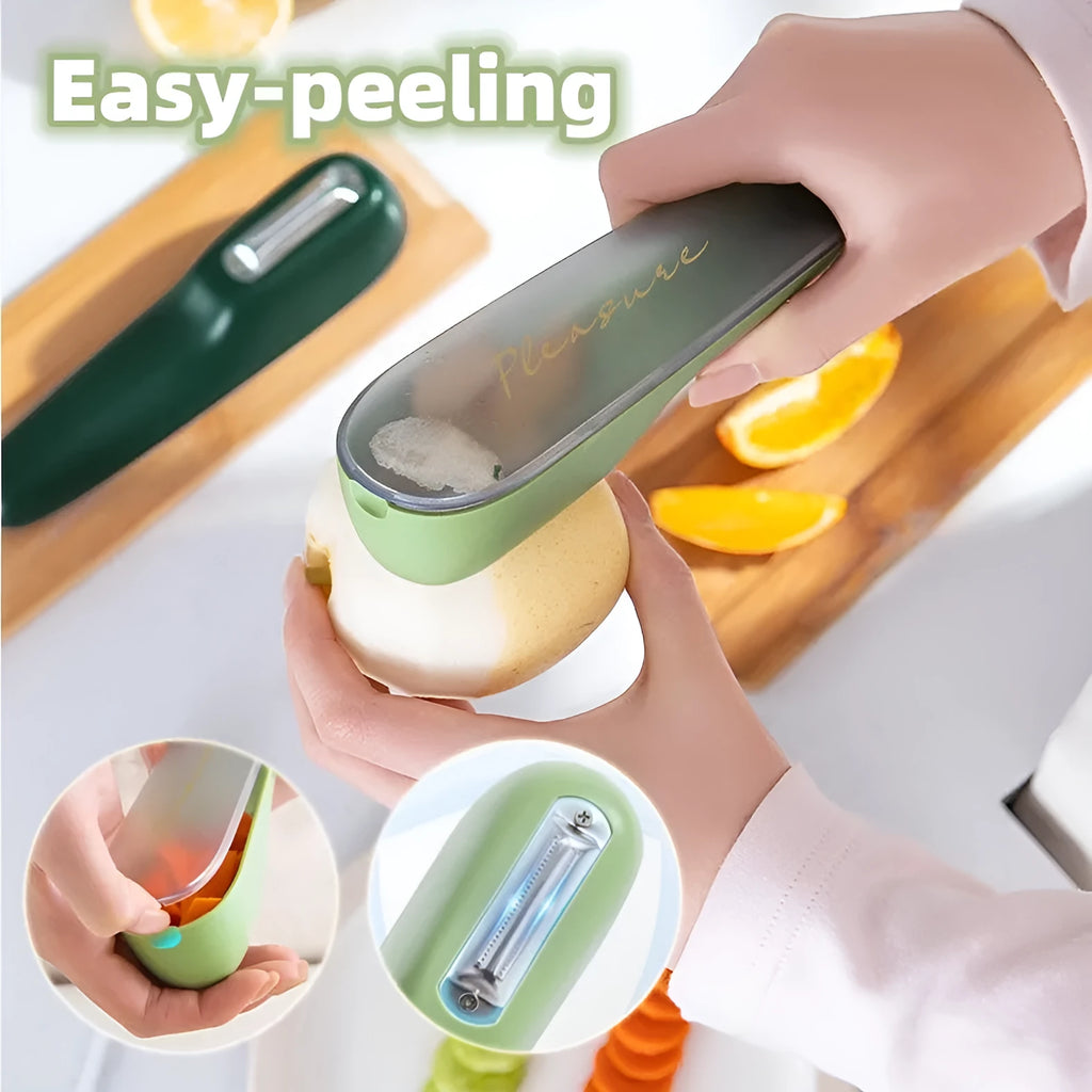 Green vegetable peeler with storage tube, non-slip handle, and hang hole on a kitchen worktop.