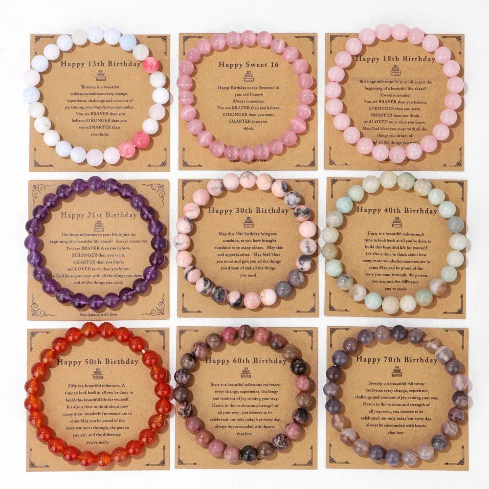 Handmade natural stone bead elastic string bracelet with birthday card, unisex geometric circle design, 17cm size