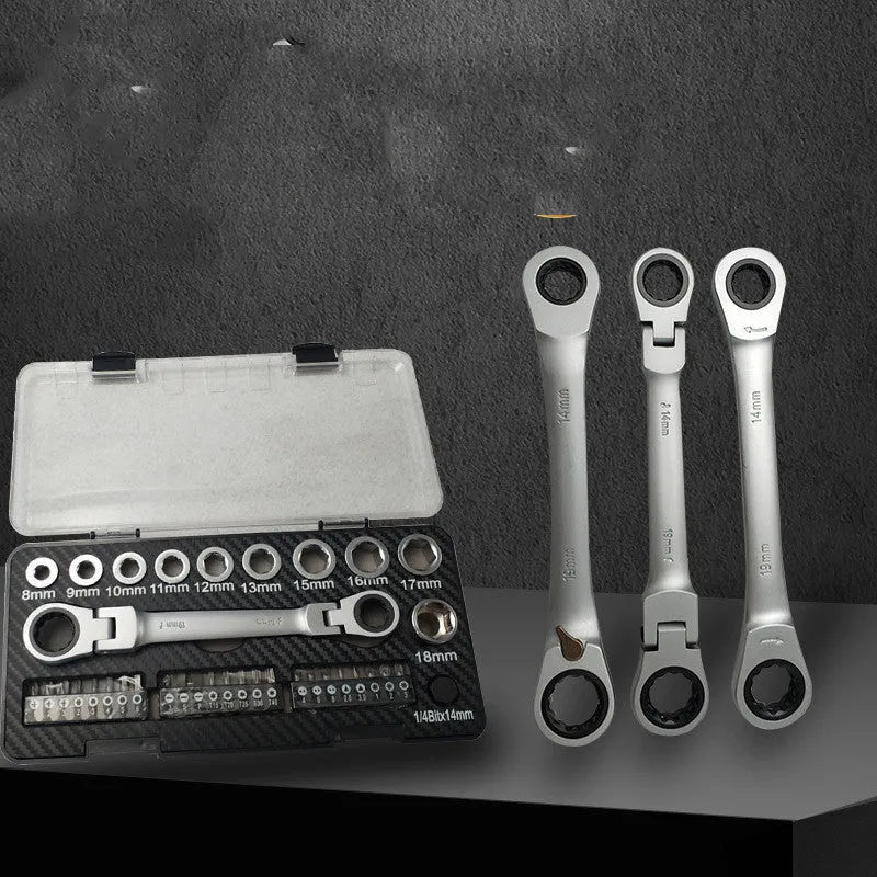 Dual-purpose ratchet wrench and screwdriver set with a collection of ten sockets and three bit heads laid out.