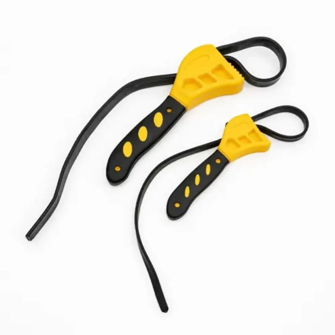 Adjustable rubber strap wrench with plastic handle showing 6-inch and 8-inch size options
