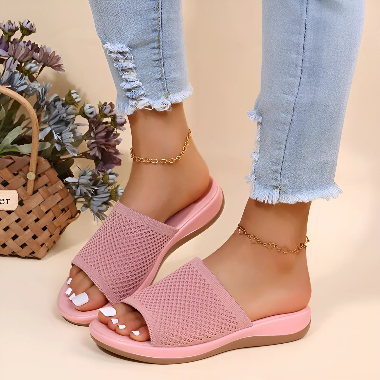 Women's flat sandal with microfiber upper in multiple colours available for indoor and outdoor wear