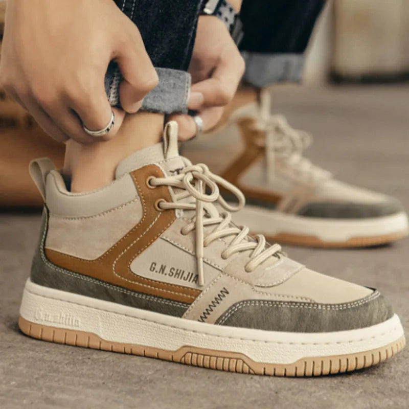 Cotton-padded high-top leather shoes in beige with lace-up closure and velvet lining side view