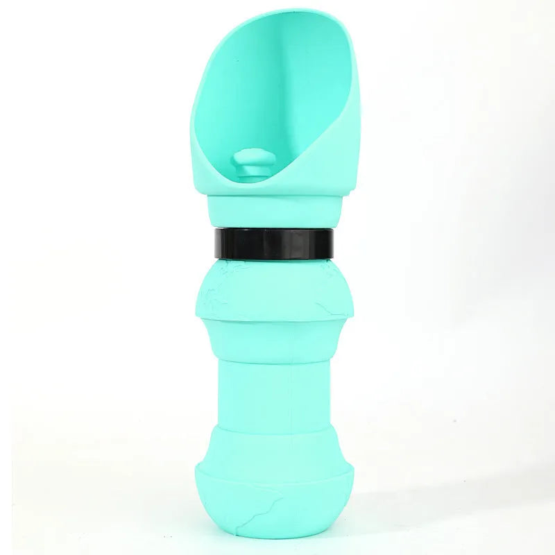 A folded flat and an unfolded pink silicone pet water bowl showing its collapsible design for portable use.
