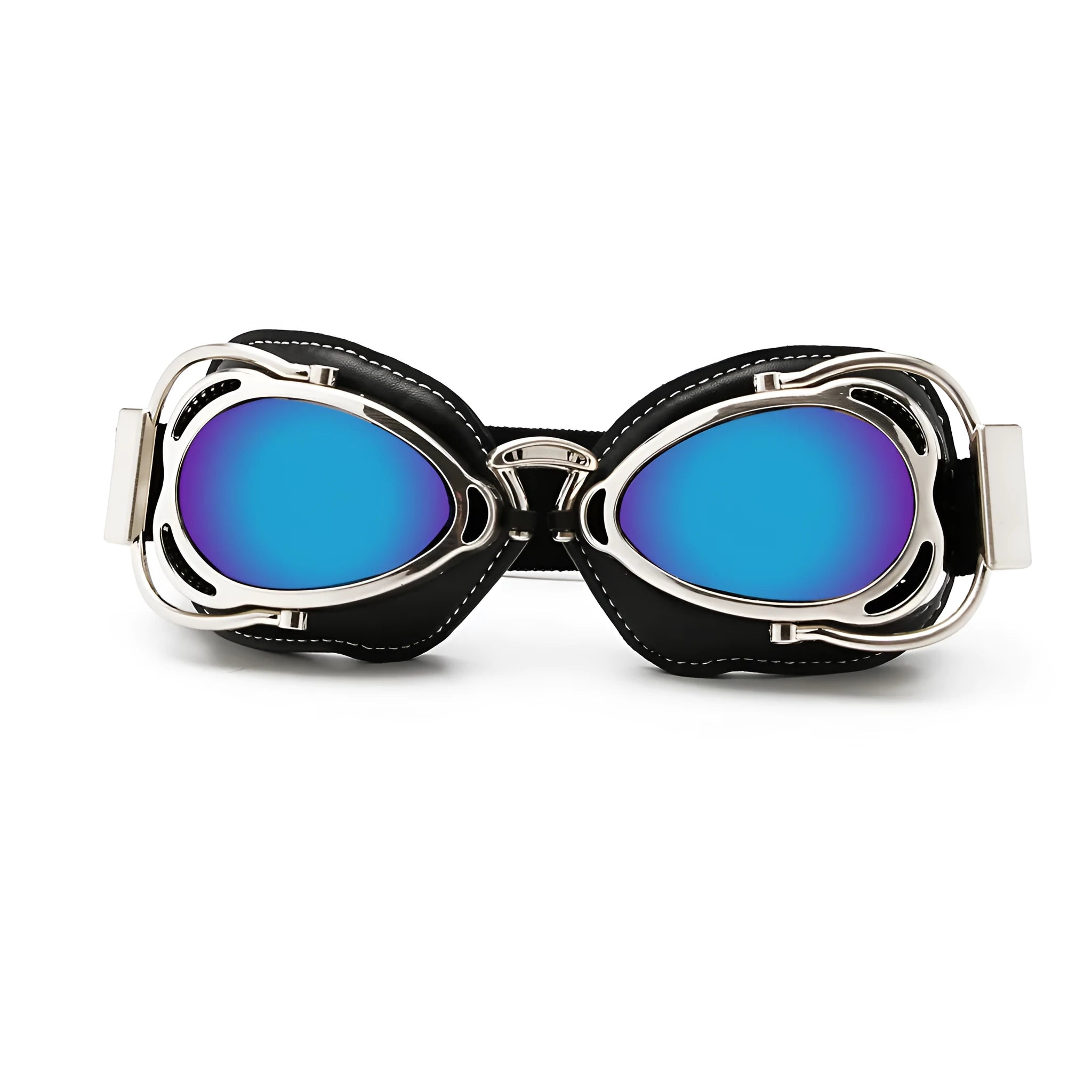 Motorcycle wind-proof glasses with full rim frame, PU material, and REVO reflective lenses, available in multiple colours
