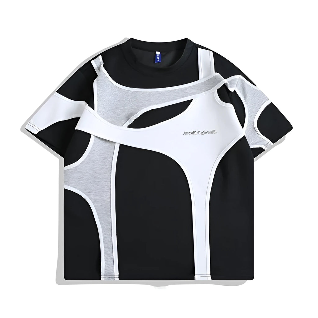 Men's loose fit black t-shirt showing double-stitch padded shoulder detail and round neck collar