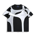 Men's loose fit black t-shirt showing double-stitch padded shoulder detail and round neck collar