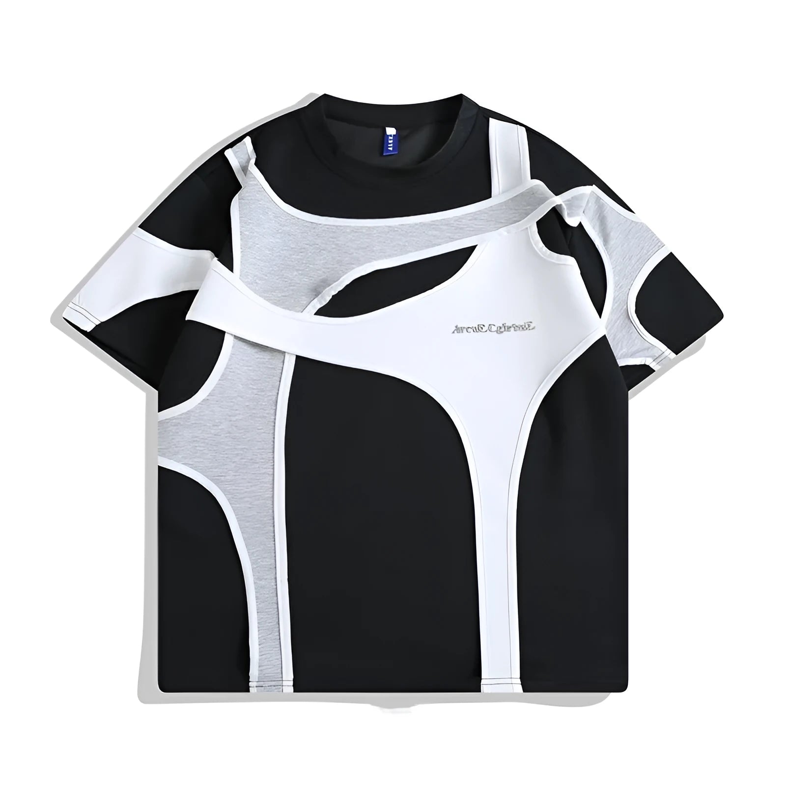 Men's loose fit black t-shirt showing double-stitch padded shoulder detail and round neck collar