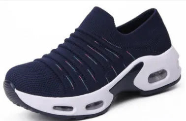 Plus size fly-knit socks shoes with mesh upper and low heel in dark blue colour