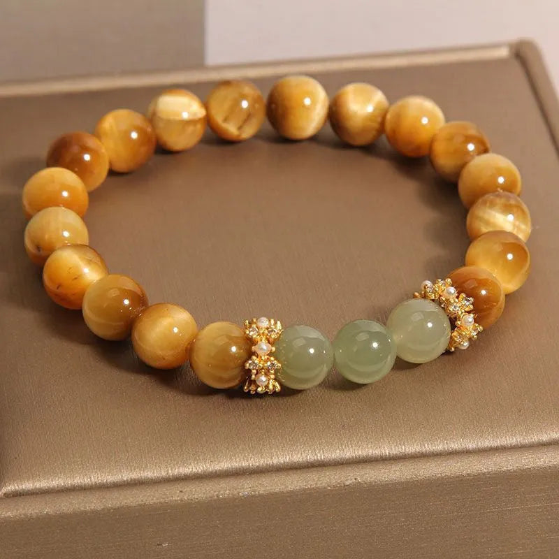 Natural yellow tiger's eye Hetian jade bracelet with U-shaped design and diamond treatment