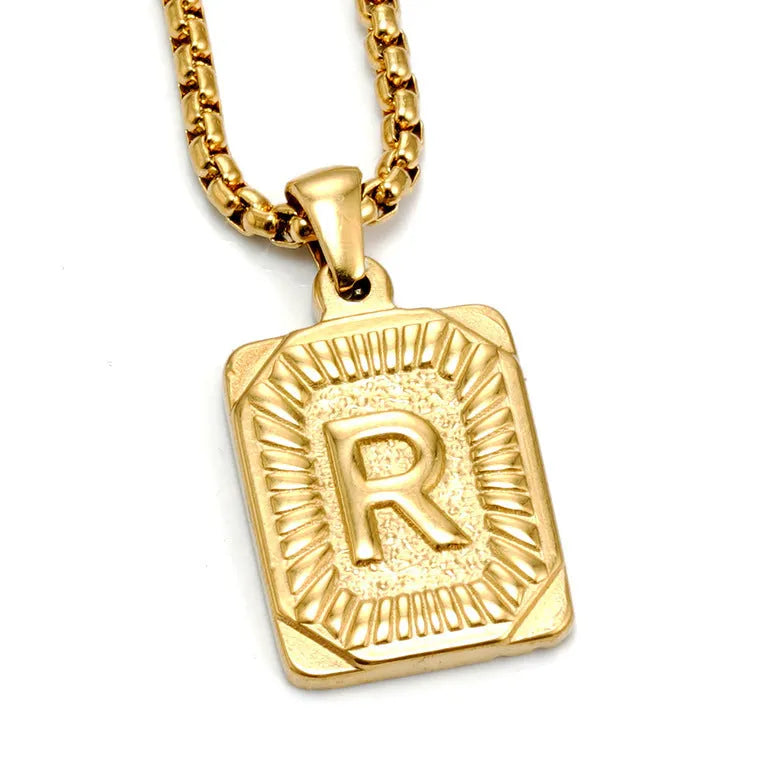 Gold-plated 18K titanium steel letter pendant necklace with pearl chain, gold colour, unisex design
