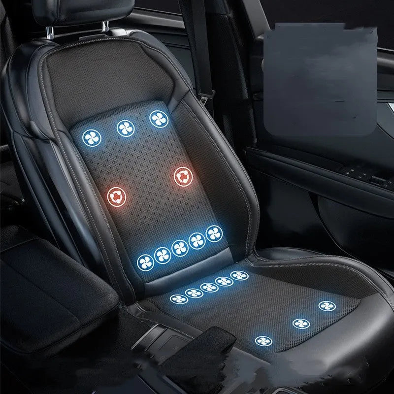 Black car seat cooling pad with 12V/24V universal power connector and USB charging port