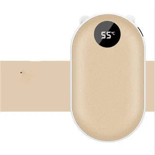 Compact rose gold USB rechargeable hand warmer and power bank with digital display, shown next to its charging cable.