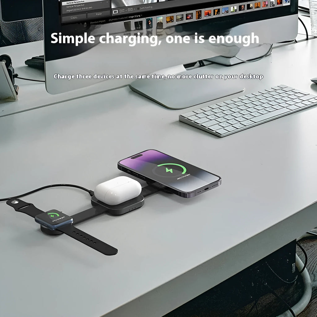 Three-in-one magnetic wireless charger stand in dark grey with a smartphone, watch, and earphones placed on it