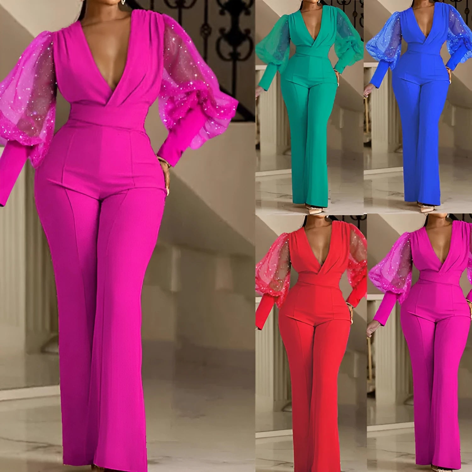 Red mesh stitch long sleeve jumpsuit with elastic waist and wide leg trousers on a hanger.