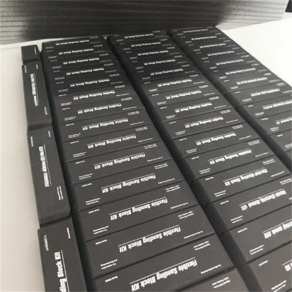 Set of seven black frosted EVA display blocks with visible metal fittings