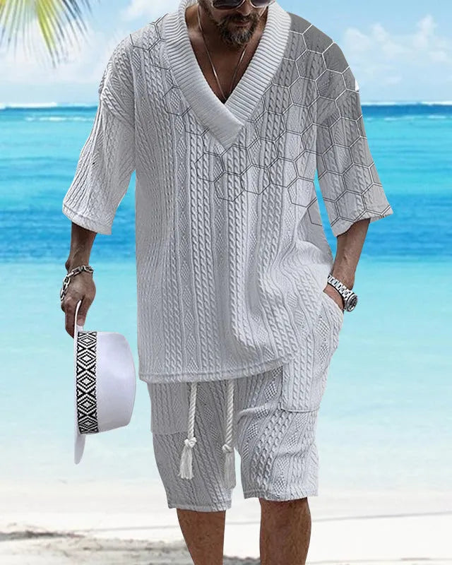 Men's printed knitted shorts suit with drop-shoulder short-sleeved top and matching shorts