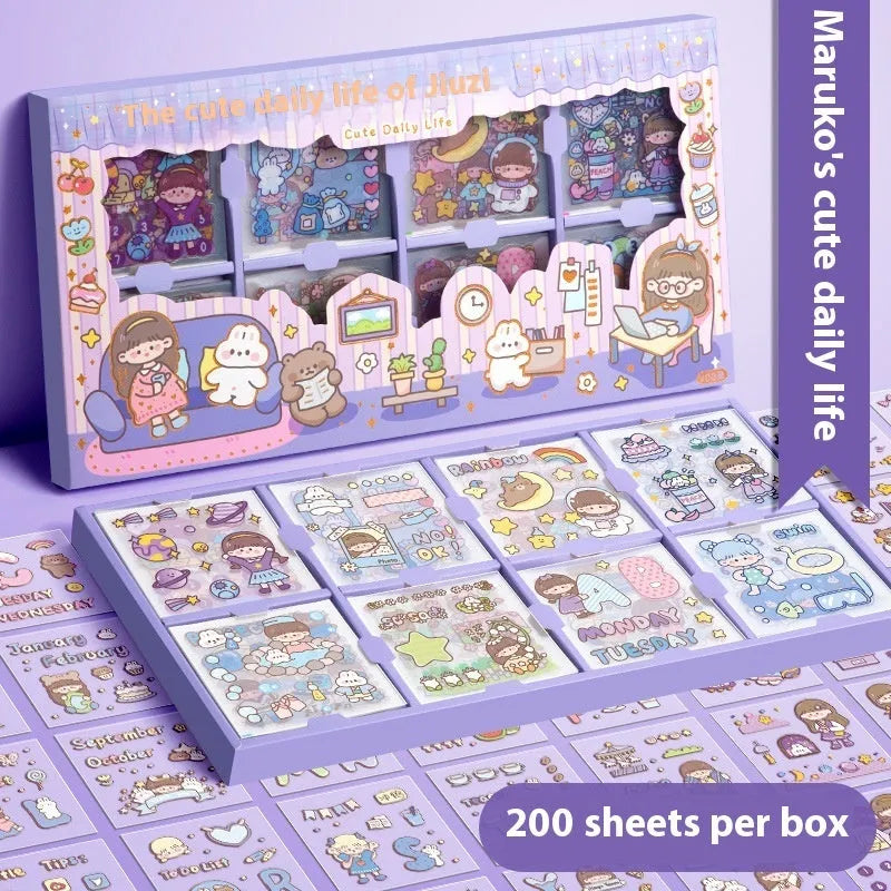 Children's themed sticker collection box with five printed adhesive designs