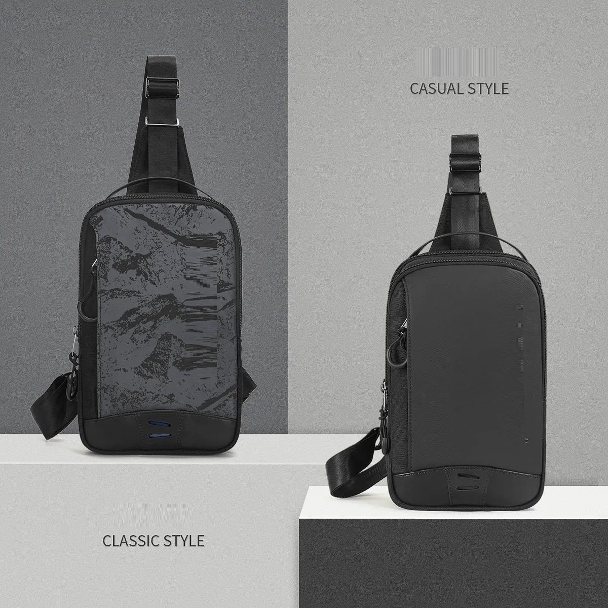 Casual black waterproof TPU chest bag with shoulder strap and internal phone pocket