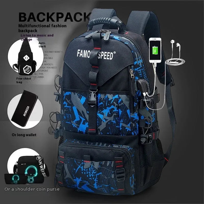 Men's large black waterproof Oxford cloth hiking backpack with padded straps and multiple compartments.