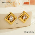 Geometric stainless steel stud earrings with water drop zircon stones in 18K gold colour