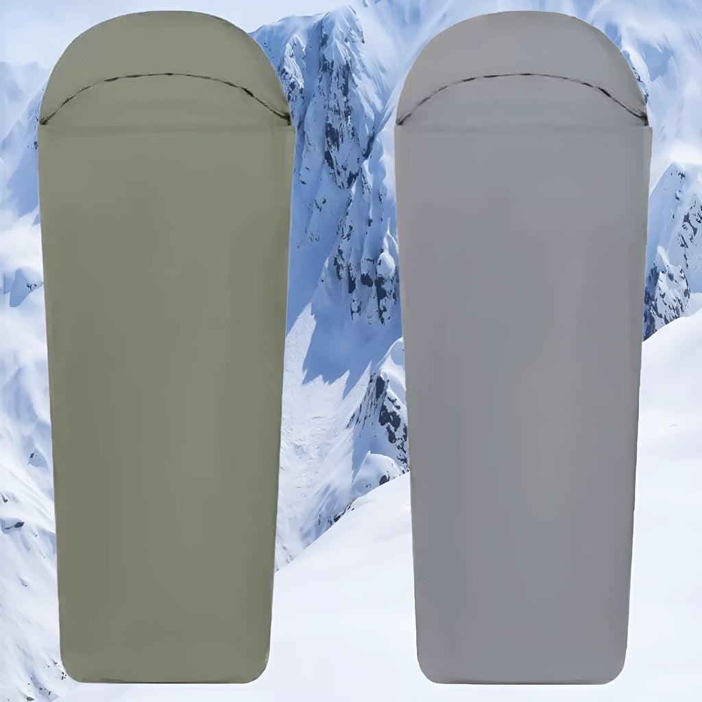 Blue adult mummy-style nylon camping sleeping bag laid out, showing its dimensions.