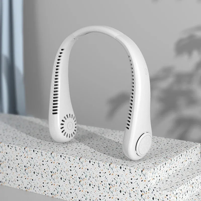 Blue bladeless neck fan showing neckband design and airflow outlet