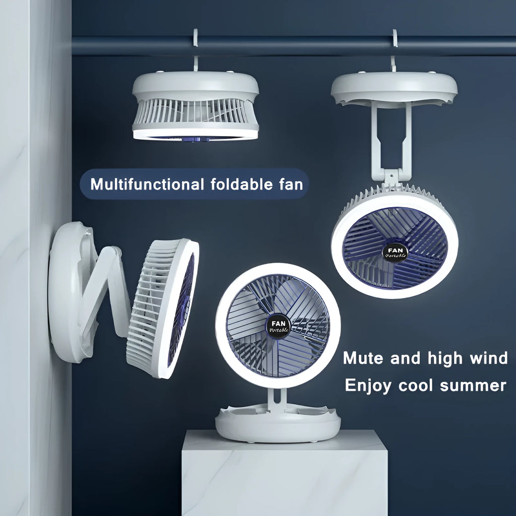 Blue foldable USB desk fan with LED light showing wall mount and ceiling hanging options