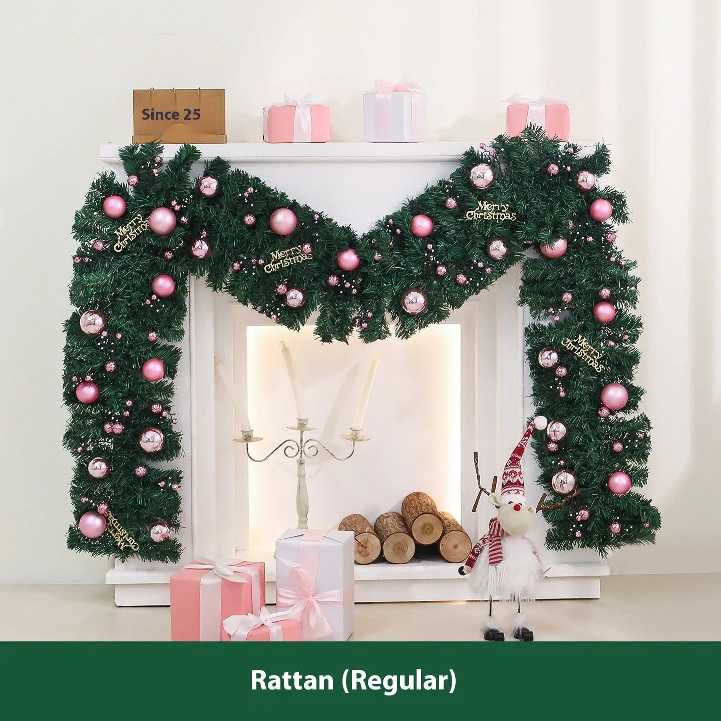 2.7 metre pink Christmas rattan vine garland with 240 decorations and optional LED lights