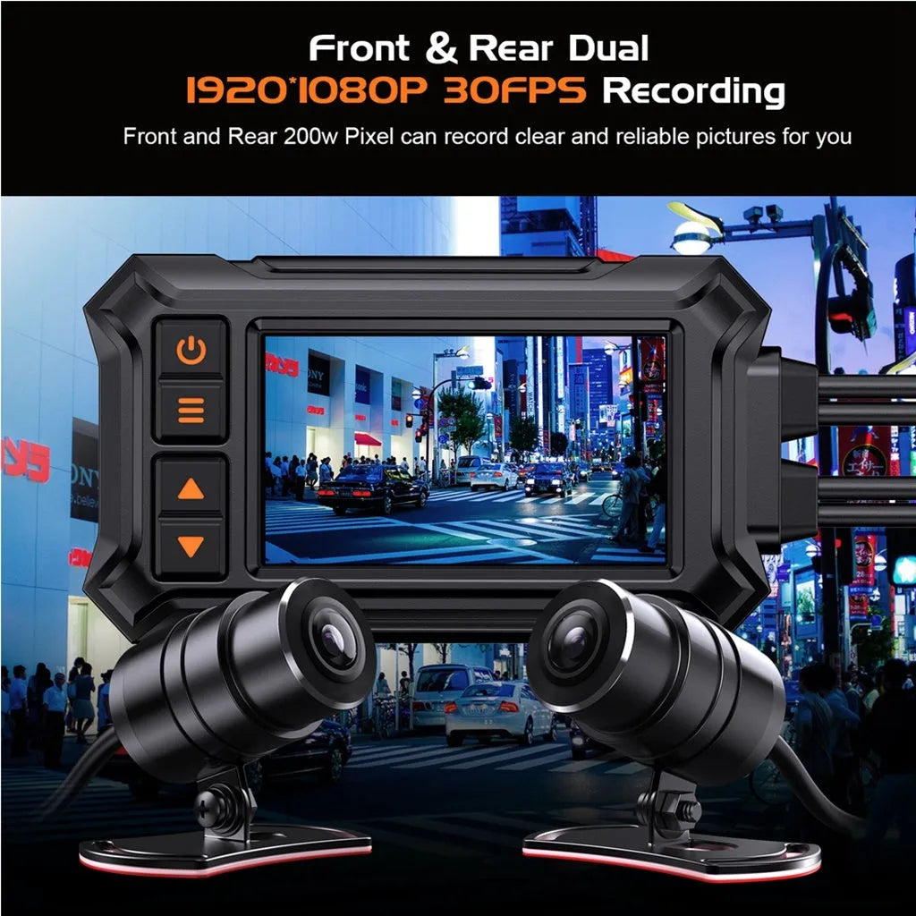 3 inch motorcycle dashcam with dual lenses, GPS module, and installation accessories for front/rear recording