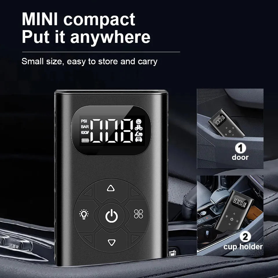Black M09X portable USB electric air compressor power bank for tyre inflation.